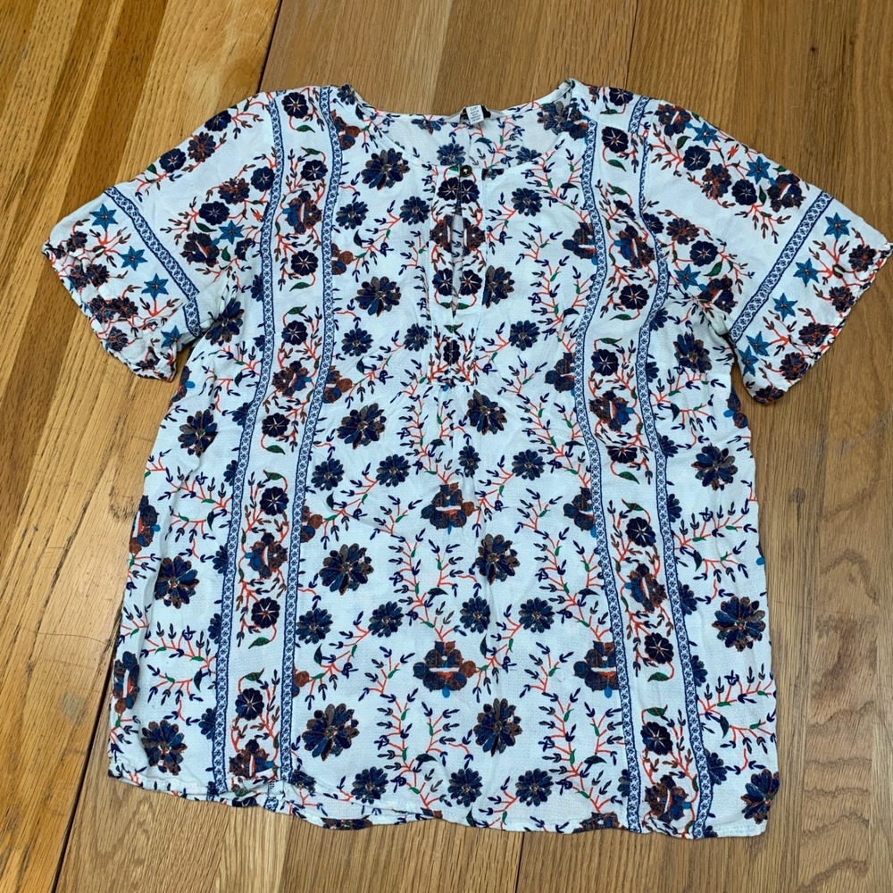Lucky Brand Womens White Floral Print Split Neck Short Sleeve Boho Top Small
